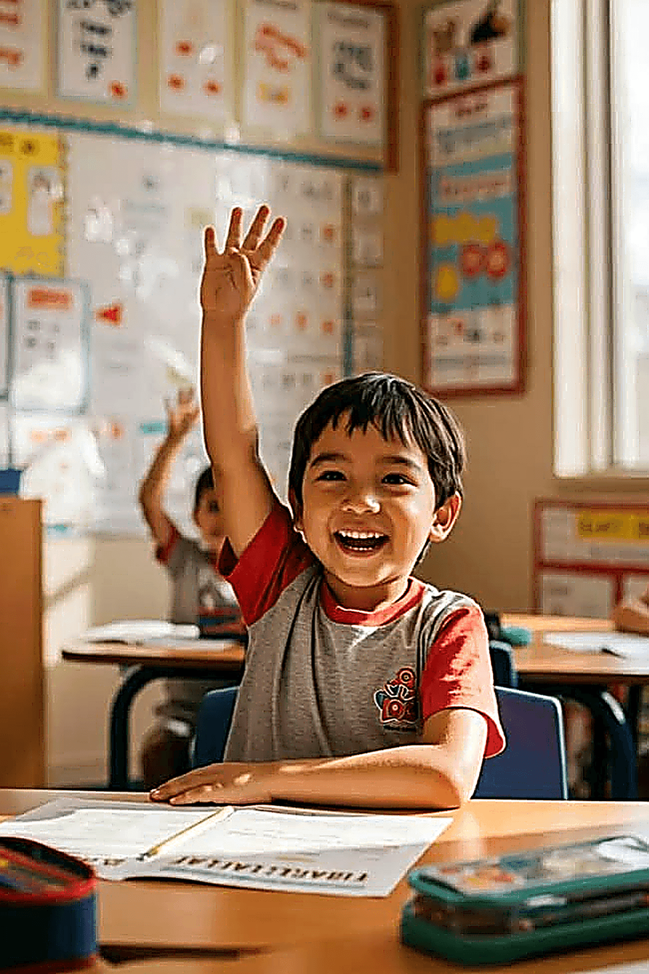Happy young student enthusiastically raising hand in classroom